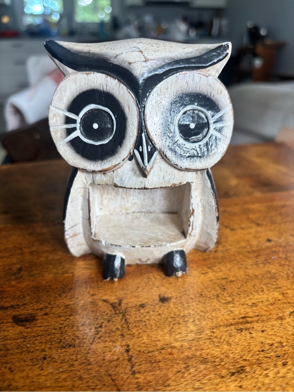 Eclectic Handcrafted White and Black Owl Decorative Figurine Home Art
